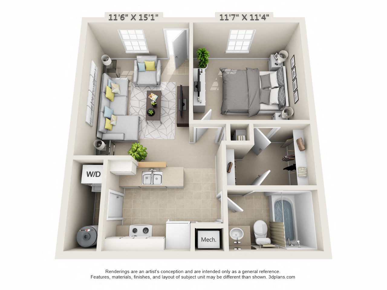 Floor plan for 1 bed, 1 bath, 580 sqft